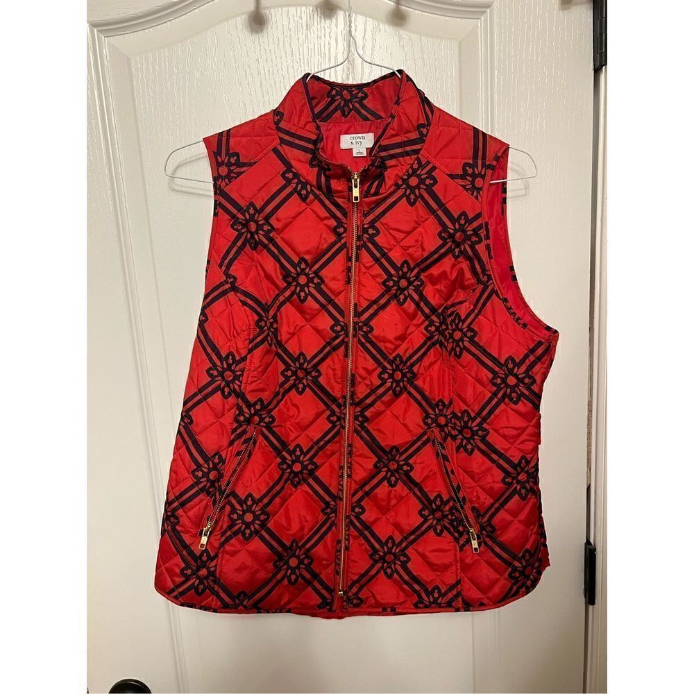 New Crown & Ivy womens puffer vest sleeveless quilted red black patterned gold h